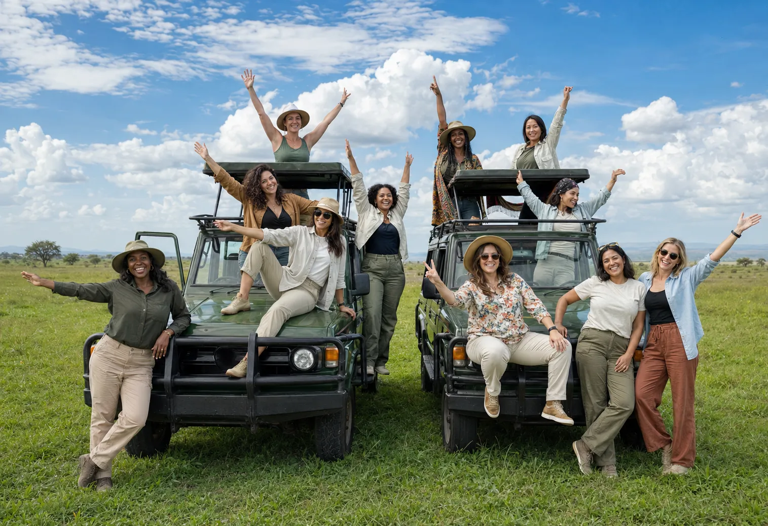Friends celebrating beside two safari vehicles in Kenya
